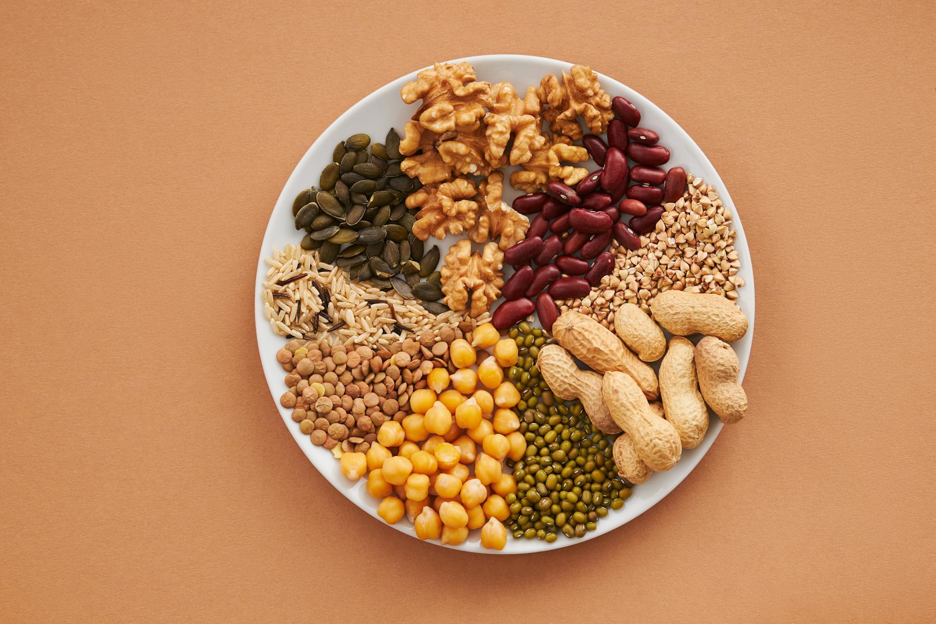 Beragam makanan tinggi protein nabati seperti tempe, kacang, quinoa, dan susu kedelai untuk diet vegetarian.